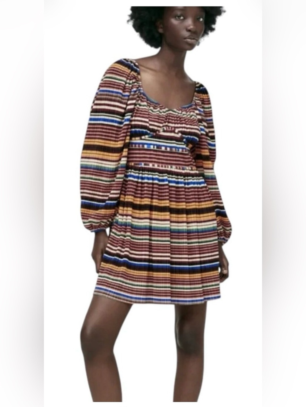 Zara Striped Multicolor Smocked long sleeve Dress - Ulla Johnson inspired - M